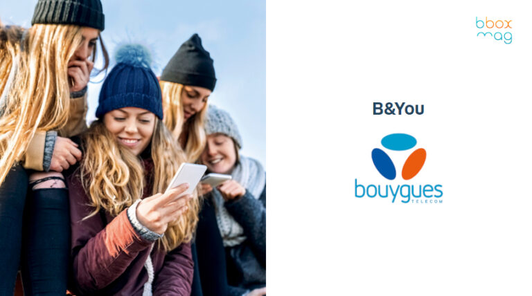 Groupe de jeunes femmes souriantes en tenue d'hiver regardant un smartphone, logo B&You Bouygues Telecom
