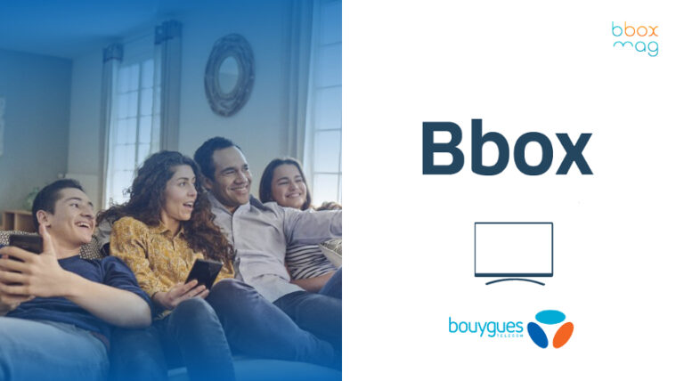 Groupe d'amis souriants regardant la télévision ensemble sur un canapé, logo Bbox et Bouygues Telecom