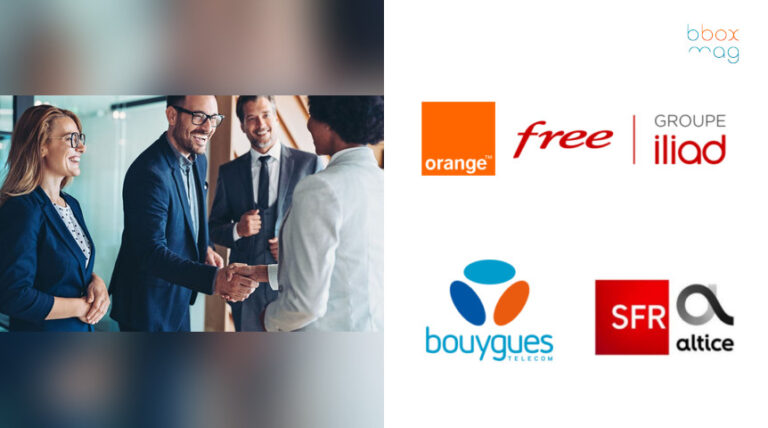 Personnes en tenue de bureau se serrant la main, logos Orange, Free, Bouygues Telecom et SFR