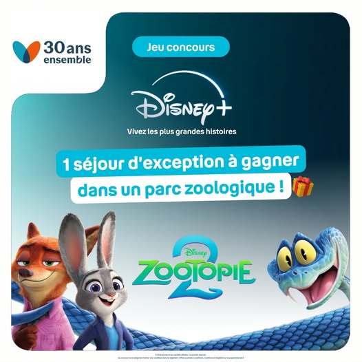 Visuel officiel du Jeu Zootopie 2 Bouygues Telecom, séjour dans un parc zoologique à gagner