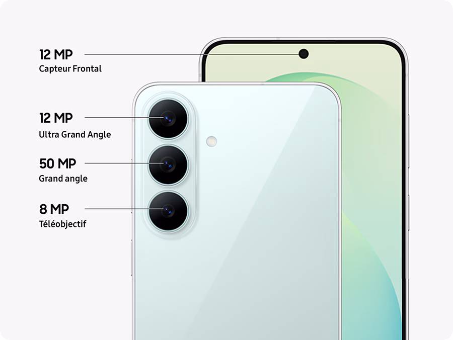 Samsung Galaxy S26 FE, face avant et arrière avec détail des capteurs photo, visuel officiel Samsung