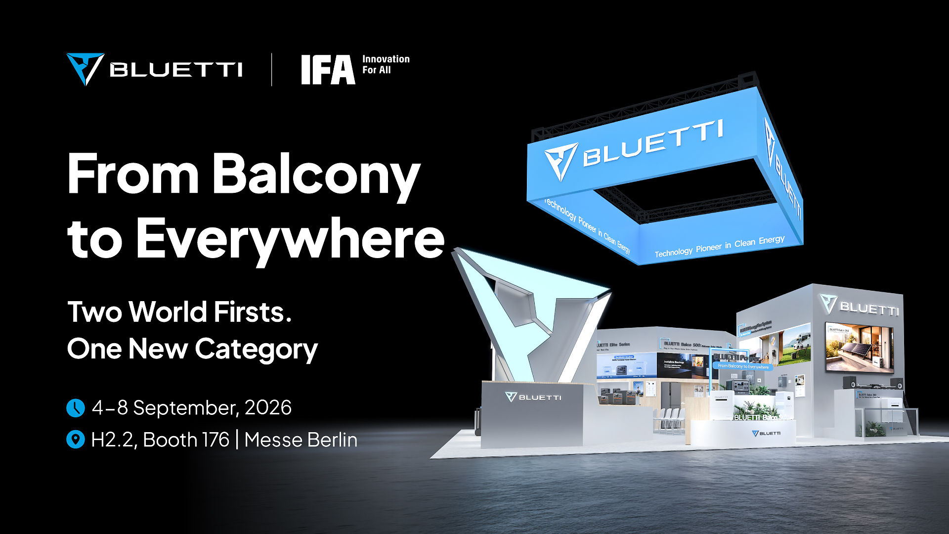 Visuel BLUETTI pour l'IFA 2026, From Balcony to Everywhere, stand H2.2 Messe Berlin