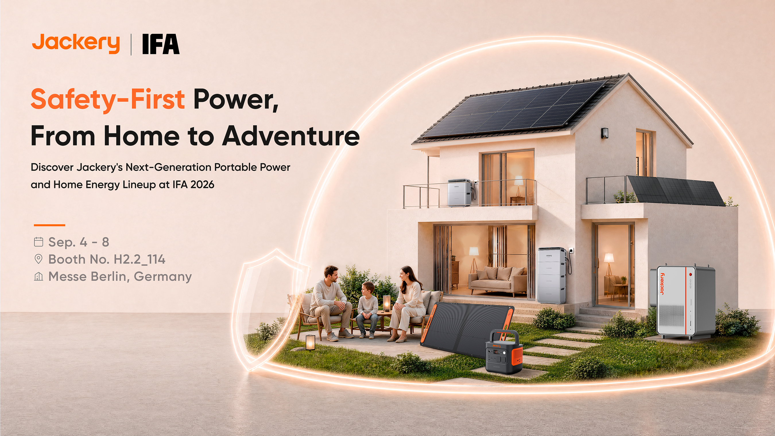 Visuel Jackery pour l'IFA 2026, Safety-First Power from Home to Adventure, stand H2.2-114